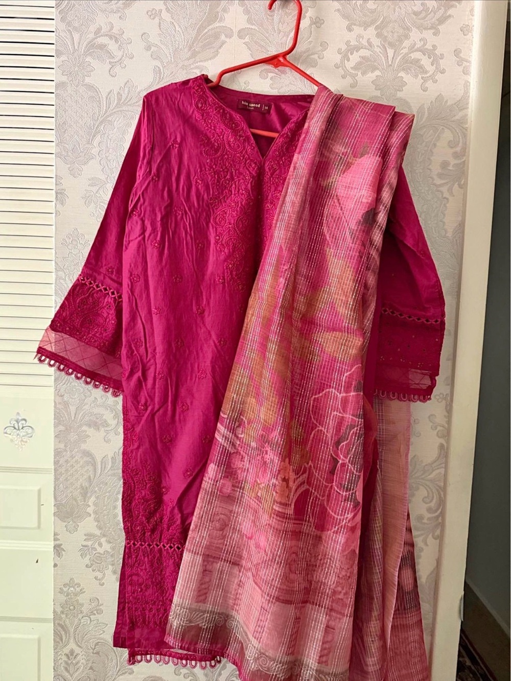 Magenta Embroidered Kurta with Pink Printed Dupatta